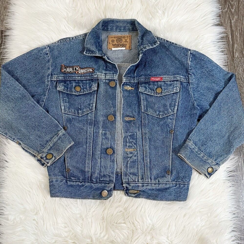 Vintage Wrangler Denim Jacket Kids Unisex Medium Harley Davidson Patch Python